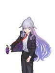  1girl absurdres black_pants black_suit formal gloves grey_hair highres hitman_(game) holding hololive hololive_english koseki_bijou long_hair long_sleeves looking_at_viewer multicolored_hair necktie pants red_necktie shirt suit violet_eyes virtual_youtuber white_shirt yokasparetime 