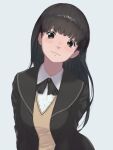  1girl amagami ayatsuji_tsukasa black_bow black_bowtie black_eyes black_hair black_jacket black_sailor_collar blazer blunt_bangs blush bow bowtie brown_sweater closed_mouth collared_shirt commentary dress_shirt expressionless head_tilt jacket johnnyyyyy kibito_high_school_uniform long_hair long_sleeves looking_at_viewer loose_hair_strand sailor_collar school_uniform shirt simple_background solo sweater upper_body v-neck white_background white_shirt 