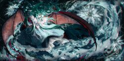  1girl absurdres blue_dress commentary demon_wings dress english_commentary full_body green_eyes green_hair highres long_hair looking_at_viewer mima_(touhou) solo touhou touhou_(pc-98) wings xiirus 