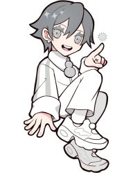  1boy anime_coloring ankle_socks black_mouth collared_jacket colored_eyelashes crazy_raccoon double_vertical_stripe ear_piercing earrings fingerless_gloves fingernails full_body gloves grey_eyes grey_hair gyen hair_between_eyes jacket jewelry long_bangs long_sleeves looking_back male_focus no_nose official_art open_mouth pants piercing pointing puppeteer7777 second-party_source shoes short_hair sleeve_cuffs smile sneakers snowman_ornament socks solo sparkle striped_clothes striped_sleeves tachi-e teeth thick_lineart tongue transparent_background turtleneck turtleneck_jacket upper_teeth_only vertical-striped_clothes vertical-striped_sleeves white_jacket white_pants white_pom_poms white_shoes white_sleeve_cuffs white_socks white_theme zipper_pull_tab 