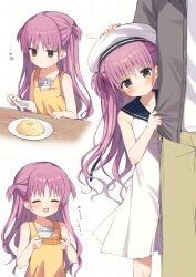  1boy 1girl absurdres black_eyes blue_ribbon blue_sailor_collar closed_eyes closed_mouth clothes_grab collarbone commentary_request dress eating fang food fried_rice hair_ribbon hand_on_another&#039;s_hat hat hiding hiding_behind_another highres holding holding_spoon jacket_grab jitome katou_umi long_hair multiple_views neckerchief open_mouth peeking_out plate purple_hair ribbon sailor_collar sailor_dress sailor_hat skin_fang sleeveless sleeveless_dress smile solo_focus spoon summer_pockets takahara_hairi takepoison translation_request two_side_up white_dress white_hat yellow_dress yellow_neckerchief 