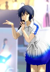  1girl 22/7 ahoge black_hair blurry brown_hair bxtbsy7q76gxh73 collared_dress cowboy_shot depth_of_field dress hair_between_eyes hands_up highres holding holding_microphone indoors looking_at_viewer looking_to_the_side microphone parted_lips short_hair short_sleeves solo standing takigawa_miu 