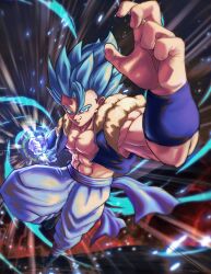  1boy abs aura bare_shoulders black_sash black_vest blue_eyes blue_hair blurry blurry_background cropped_vest dragon_ball dragon_ball_super dragon_ball_super_broly fighting_stance full_body gogeta highres male_focus medium_hair metamoran_vest motion_lines muscular muscular_male no_shirt open_clothes open_vest pants sash smirk solo speed_lines spiky_hair super_saiyan super_saiyan_blue sydoria vest white_background white_pants 