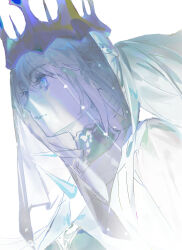  1girl blue_eyes blue_lips braid crown eduoheshui fate/grand_order fate_(series) hair_between_eyes half_up_braid highres long_hair morgan_le_fay_(fate) morgan_le_fay_(queen_of_winter)_(fate) ponytail simple_background solo spikes veil very_long_hair white_background 