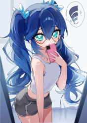  1girl absurdres alternate_costume alternate_hairstyle aqua_eyes black_shorts blue_hair bright_pupils colored_tips commentary_request cowboy_shot crop_top diamond_star12 dolphin_shorts dot_nose drill_hair eyes_visible_through_eyewear eyes_visible_through_hair floating_hair fubuki-chan_(youkai_watch) hair_between_eyes hair_ornament hand_up highres holding holding_phone indoors leaning_forward long_hair looking_at_viewer mirror_selfie multicolored_hair phone red-framed_eyewear selfie shirt shorts sleeveless sleeveless_shirt solo speech_bubble tank_top twin_drills white_tank_top youkai_(youkai_watch) youkai_watch 