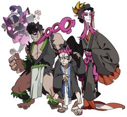  4boys barefoot black_hair ecchuu_fundoshi fezandipiti highres japanese_clothes kimono large_hands large_pectorals male_focus mask multiple_boys munkidori muscular muscular_male okidogi pecharunt pectoral_cleavage pectorals personification pokemon purple_hair rkrekrnl1 sharp_teeth short_hair simple_background teeth waraji white_background 