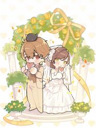  1boy 1girl animal animal_on_head bird blush_stickers bow bowtie bride brown_bow brown_bowtie brown_eyes brown_hair brown_jacket brown_pants brown_vest chibi choker commentary_request covered_mouth dress elbow_gloves envelope flower gloves green_eyes grey_background groom hair_between_eyes heart heart_background highres holding holding_envelope jacket littletreeee luke_pearce_(tears_of_themis) on_head pants petals rosa_(tears_of_themis) rose shirt single_hair_intake standing strapless strapless_dress tears_of_themis thick_eyebrows veil vest wedding_dress white_choker white_dress white_flower white_gloves white_shirt yellow_flower yellow_rose 