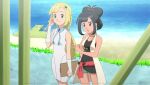  2girls :o aged_up beach black_hair blonde_hair blush braid closed_mouth collarbone day detached_sleeves dress eyelashes finger_counting green_eyes green_shorts grey_eyes hair_ornament lillie_(pokemon) long_hair looking_down mixed-language_commentary multiple_girls noelia_ponce outdoors pier pokemon pokemon_(game) pokemon_sm sand selene_(pokemon) shore shorts sleeveless sleeveless_dress smile white_dress 