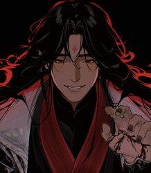  1boy bikoyaki black_background black_blood black_hair black_hanfu black_nails blood blood_on_hands chinese_clothes curly_hair curtained_hair demon hair_between_eyes hand_up hanfu highres long_hair long_sleeves looking_at_viewer luo_binghe male_focus open_mouth parted_bangs portrait reaching reaching_towards_viewer red_eyes red_light renzha_fanpai_zijiu_xitong slit_pupils smile solo straight-on watermark zuiyin 