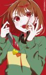  1other :d a13amp androgynous black_undershirt blood blood_on_knife blush blush_stickers bob_cut brown_hair chara_(undertale) close-up collared_shirt commentary copyright_name crazy_smile gold_necklace green_sweater hair_between_eyes hair_over_eyes hand_to_own_face heart heart_necklace highres holding holding_knife holding_weapon jewelry knife locket looking_at_viewer messy_hair necklace pendant portrait red_background red_eyes reverse_grip ringed_eyes shirt short_hair simple_background single_horizontal_stripe smile sweater two-tone_sweater undertale upper_body weapon wide-eyed yellow_sweater 