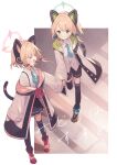  2girls animal_ear_headphones animal_ears black_skirt black_thighhighs blonde_hair blue_archive blue_necktie boots cat_tail closed_eyes closed_mouth collared_shirt fake_animal_ears ganmodoki_(kizm) green_eyes green_halo halo headphones jacket kanohara_(63xmrr) long_sleeves midori_(blue_archive) momoi_(blue_archive) multiple_girls necktie open_mouth pink_halo pleated_skirt shirt short_hair siblings sisters skirt smile tail thigh-highs two-sided_fabric two-sided_jacket white_jacket white_shirt 
