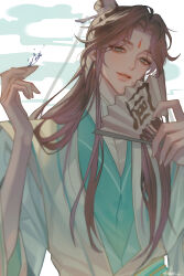  1boy absurdres alcohol bishounen brown_hair chinese_clothes colored_smoke cup earrings eyelashes folding_fan green_hanfu haed_u hand_fan hand_fan_writing hands_up hanfu highres holding holding_cup holding_fan huadian jewelry korean_commentary long_hair long_sleeves looking_at_viewer male_focus paper_fan parted_lips ribboned_xiao_guan robe sakazuki shi_qingxuan smile smoke solo teeth tianguan_cifu topknot twitter_username two-tone_hanfu upper_body white_background white_hanfu wide_sleeves xiao_guan_(headdress) 