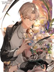  1boy artist_request black_jacket blue_flower bouquet brown_eyes closed_mouth clouds copyright_name cross-shaped_pupils denim denim_jacket flower glasses grey_hair half-closed_eyes highres jacket long_sleeves male_focus official_art open_clothes open_jacket pocket_watch purple_flower roman_numeral rosa_(tears_of_themis) shirt skirt smile solo sunset symbol-shaped_pupils tears_of_themis turtleneck vyn_richter_(tears_of_themis) watch white_flower white_shirt 
