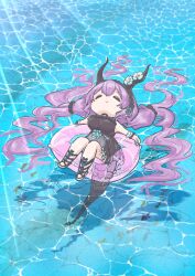  1girl absurdres arknights black_one-piece_swimsuit black_sandals chibi closed_eyes commentary floating flower frilled_hairband frilled_one-piece_swimsuit frilled_wristband frills full_body hairband highres himajin_(fd_jin) horn_flower horns innertube long_hair lying official_alternate_costume on_back one-piece_swimsuit purple_hair sandals solo sunlight swim_ring swimsuit tail twintails typhon_(arknights) typhon_(temperature_difference)_(arknights) very_long_hair 
