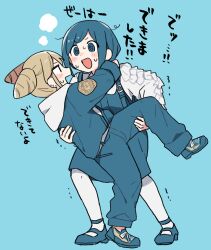  2girls @_@ blonde_hair blue_background blue_eyes blue_hair blue_jumpsuit blush breath cetacea_kw commentary_request cone_hair_bun double_bun failure frilled_shirt frilled_sleeves frills fukurai_azami full_body hair_bun heavy highres hood hood_down hug jasmine_(toshi_densetsu_kaitai_center) jumpsuit long_sleeves looking_at_another multiple_girls open_mouth pantyhose profile shirt shoes short_hair simple_background smile sneakers standing struggling sweat toshi_densetsu_kaitai_center translation_request trembling v-shaped_eyebrows white_pantyhose 