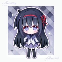  1girl akemi_homura argyle_clothes argyle_footwear black_boots black_capelet black_hair blush_stickers boots border bow bowtie capelet chibi chinese_commentary closed_mouth collared_capelet commentary_request dot_nose dress frilled_skirt frills gem gengjiu gradient_background grey_background hair_between_eyes hair_ribbon hairband hand_jewel hand_on_own_hip highres layered_sleeves long_hair long_sleeves loose_hair_strand magical_girl mahou_shoujo_madoka_magica mahou_shoujo_madoka_magica_(anime) miniskirt outline outside_border pantyhose plaid_background pleated_skirt purple_bow purple_bowtie purple_capelet purple_gemstone purple_skirt red_hairband red_ribbon ribbon sample_watermark short_dress sidelocks skirt skirt_under_dress solo sparkle tareme thigh_boots two-tone_capelet very_long_hair violet_eyes watermark white_border white_dress white_outline 