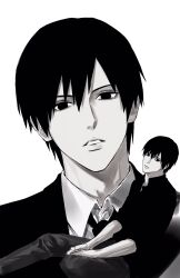  1boy black_eyes black_hair black_necktie black_suit closed_mouth collared_shirt formal_clothes highres looking_at_viewer male_focus multiple_views naruto_(series) naruto_shippuuden necktie pale_skin sai_(naruto) shirt short_hair simple_background sso_s suit white_background white_shirt 