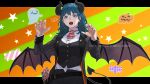  1girl 91007 artist_name ascot bat_wings belt black_belt black_horns black_pants black_tail black_vest blue_eyes blue_hair breasts buttons byleth_(female)_(fire_emblem) byleth_(fire_emblem) candy demon_horns demon_tail english_text fingernails fire_emblem fire_emblem:_three_houses food ghost grey_jacket halloween hands_up highres horns jack-o&#039;-lantern jacket lapels letterboxed lollipop long_sleeves looking_at_viewer medium_breasts medium_hair nail_polish open_clothes open_jacket open_mouth orange_nails outline outside_border pants red_ascot shirt sleeve_cuffs solo star_(symbol) striped striped_jacket swirl_lollipop tail teeth twitter_username upper_teeth_only vertical-striped_jacket vertical_stripes vest white_outline white_shirt wings 