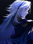  1boy antennae black_background blue_coat closed_mouth coat commentary english_commentary from_behind genshin_impact hair_between_eyes highres long_hair looking_at_viewer looking_back male_focus moonya neuvillette_(genshin_impact) profile simple_background solo upper_body white_eyes white_hair 