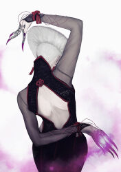  1girl a.k.i._(street_fighter) atgrbread back back_cutout back_focus chinese_clothes claw_(weapon) claw_ring clothing_cutout dress earrings from_behind highres impossible_hair jewelry scale_print see-through_clothes see-through_sleeves short_hair snake_print solo street_fighter street_fighter_6 tassel tassel_earrings weapon white_hair 