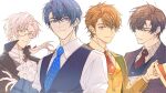  4boys artem_wing_(tears_of_themis) ascot black_hair black_jacket black_vest blue_eyes blue_necktie brown_hair closed_mouth collared_shirt commentary floating_hair glasses green_jacket grey_hair grey_vest hair_between_eyes highres jacket jiukuzi18797 long_hair looking_at_viewer luke_pearce_(tears_of_themis) marius_von_hagen_(tears_of_themis) multiple_boys necktie parted_bangs red_eyes red_necktie semi-rimless_eyewear shirt simple_background smile tears_of_themis thick_eyebrows under-rim_eyewear vest violet_eyes vyn_richter_(tears_of_themis) white_ascot white_background white_shirt yellow_eyes yellow_vest 