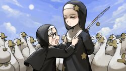 2girls aged_down bird chicken closed_eyes clouds cloudy_sky diva_(hyxpk) duck english_commentary fishing_rod goose grey_hair highres little_nuns_(diva) multiple_girls nun outdoors sky smug_nun_(diva) star_(symbol) star_nun_(diva) star_ornament star_print sweat traditional_nun 