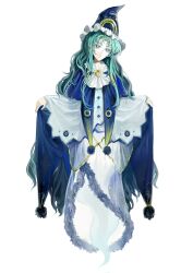  1girl blue_dress blue_hat bright_pupils buttons collar commentary_request dress expressionless frilled_collar frills ghost_tail green_eyes green_hair hat highres long_hair long_sleeves looking_up mima_(touhou) o-ring pom_pom_(clothes) see-through_clothes see-through_dress simple_background skirt_hold solo touhou touhou_(pc-98) very_long_hair white_background white_pupils white_sleeves wizard_hat yinyong_yu 