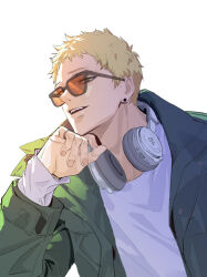  1boy absurdres aged_up arm_up black-framed_eyewear blonde_hair commentary crew_neck earrings eyes_visible_through_eyewear fingernails glasses green_jacket haikyuu!! hashtag-only_commentary headphones headphones_around_neck highres jacket jewelry layered_sleeves long_sleeves male_focus open_clothes open_jacket open_mouth orange-tinted_eyewear piercing ppyufei shirt short_hair simple_background solo stud_earrings sunglasses teeth tinted_eyewear tsukishima_kei upper_body upper_teeth_only very_short_hair white_background white_shirt 
