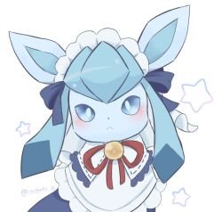  :&lt; blush closed_mouth clothed_pokemon commentary_request frills glaceon glaceon_(tea_party) looking_at_viewer maid_headdress no_humans pokemon pokemon_(creature) pokemon_unite solo star_(symbol) twitter_username white_background yuuri_(yr0471_0) 