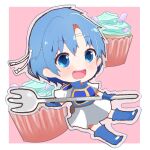  aqua_hair armor blue_eyes breastplate chibi collared_shirt cupcake fire_emblem fire_emblem:_the_binding_blade food fork harukka holding holding_fork looking_at_viewer medium_hair shanna_(fire_emblem) shirt short_sleeves thigh-highs 