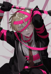  1boy arms_up bad_id bad_twitter_id bdsm belt bin_aham black_belt black_coat black_gloves black_pants blonde_hair blush bondage bound coat collared_shirt e.g.o_(project_moon) gloves grey_background heart heart_in_eye holding holding_weapon korean_commentary limbus_company looking_at_viewer male_focus necktie pants pink_ribbon project_moon red_necktie ribbon ribbon_bondage roseate_desire_(e.g.o) shirt simple_background sinclair_(project_moon) smile suspenders sweatdrop symbol_in_eye upper_body weapon white_shirt yellow_eyes 