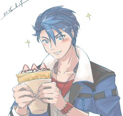  aradonkey black_hair blue_eyes blue_hair coat crepe dated dog_tags double-parted_bangs eiyuu_densetsu food food_wrapper fruit fur_collar hair_between_eyes highres holding holding_crepe holding_food ice_cream_crepe kuro_no_kiseki_(series) kuro_no_kiseki_i mullet multicolored_hair parted_bangs short_hair simple_background strawberry strawberry_slice two-tone_hair upper_body van_arkride whipped_cream white_background wristband 