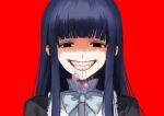  1girl black_eyes black_shirt blunt_bangs clenched_teeth dress empty_eyes evil_smile frederica_bernkastel frills hair_tie_in_mouth highres long_hair looking_at_viewer mouth_hold nasu_(nasuotabe) purple_hair red_background ribbon shirt simple_background smile solo teeth umineko_no_naku_koro_ni white_ribbon 