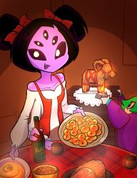 bottle commission fangs fire food furniture jek_korpen lighter looking_at_viewer meat muffet smile spider_girl twintails undertale 