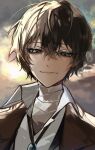 1boy bandaged_neck bandages black_eyes black_hair brown_jacket bungou_stray_dogs closed_mouth clouds cloudy_sky dazai_osamu_(bungou_stray_dogs) hair_between_eyes highres jacket looking_at_viewer male_focus outdoors portrait shirt short_hair sky smile solo sunlight white_shirt ya_ta 