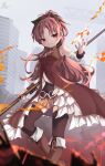  1girl black_thighhighs blurry boots building depth_of_field fire grey_sky hair_ribbon high_ponytail highres holding holding_polearm holding_weapon knee_boots long_hair looking_at_hand magical_girl mahou_shoujo_madoka_magica pleated_skirt polearm pyrokinesis red_eyes redhead ribbon sakura_kyoko signature skirt sky skyscraper solo soul_gem standing taka.yana thigh-highs very_long_hair weapon 