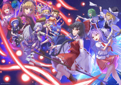  6+girls american_flag american_flag_dress american_flag_print animal_ears anniversary apron ascot black_capelet black_dress black_hat black_shirt black_vest blob blonde_hair blue_dress book boots bow bowtie braid broom broom_riding brown_boots brown_hair brown_hat capelet chain clothes_writing clownpiece collared_shirt commentary_request covering_own_mouth crescent crescent_pin crescent_print dalachi_(headdress) dango danmaku detached_sleeves doremy_sweet dream_soul dress earth_(ornament) earth_(planet) fairy fairy_wings feathered_wings flag_print flat_cap floppy_ears food frilled_bow frilled_hair_tubes frills frog_hair_ornament gohei gold_chain green_eyes green_hair grey_hair grey_wings grin gun hair_bow hair_ornament hair_tubes hakurei_reimu half_up_braid hand_over_own_mouth hat hat_bow hecatia_lapislazuli highres holding holding_gohei holding_gun holding_mallet holding_torch holding_weapon jacket jester_cap junko_(touhou) kine kirisame_marisa kishin_sagume kochiya_sanae lace-up_boots legacy_of_lunatic_kingdom long_hair long_sleeves lunatic_gun mallet midriff mizunisabano multiple_girls neck_ribbon necktie nightcap off-shoulder_shirt off_shoulder official_alternate_costume open_clothes open_jacket open_mouth orange_shirt pink_skirt planet polka_dot polka_dot_headwear pom_pom_(clothes) puffy_short_sleeves puffy_sleeves purple_ascot purple_dress purple_hair purple_hat rabbit_ears rabbit_girl red_bow red_bowtie red_eyes red_hair red_hat red_necktie red_skirt red_tabard reisen_udongein_inaba ribbon ribbon-trimmed_sleeves ribbon_trim ringo_(touhou) seiran_(touhou) shirt short_sleeves shorts single_wing skirt skirt_set smile snake_hair_ornament socks space star_(sky) star_(symbol) star_print striped_clothes striped_dress t-shirt tabard torch touhou twitter_username two-tone_dress underworld_(ornament) very_long_hair vest violet_eyes wagashi waist_apron weapon white_apron white_bow white_dress white_shirt white_socks wings witch_hat yellow_ascot yellow_ribbon yellow_shorts 