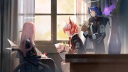  3girls arknights black_gloves black_jacket black_shorts blue_eyes blue_hair bouquet bright_pupils character_doll curtains day demon_horns detached_wings doll energy_wings exusiai_(arknights) fiammetta_(arknights) flower game_cg gloves halo highres holding holding_bouquet hood hooded_jacket horns hospital indoors iris_(flower) jacket lemuen_(arknights) long_hair long_sleeves looking_outside mostima_(arknights) multiple_girls official_art pink_flower pink_hair purple_flower red_hair see-through_curtains shorts sitting standing table third-party_source vase wheelchair white_flower white_pupils window wings 