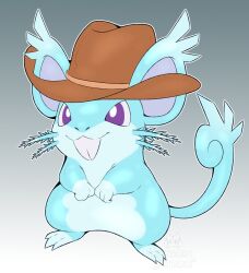  :3 animal_focus artist_name bright_pupils brown_hat buck_teeth closed_mouth clothed_pokemon commentary commission cowboy_hat ears_through_headwear english_commentary full_body fusion gradient_background grey_background hat looking_afar nidoran nidoran_(female) no_humans outline pokemon pokemon_(creature) queen_purrr rattata simple_background solo standing teeth violet_eyes watermark white_outline white_pupils 