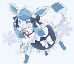  blue_eyes blush closed_mouth clothed_pokemon commentary_request dress frilled_dress frills glaceon glaceon_(tea_party) maid_headdress no_humans pokemon pokemon_(creature) pokemon_unite ribbon snowflakes solo white_background yuuri_(yr0471_0) 