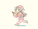  1girl barefoot blue_eyes closed_mouth cup food fork grey_hair hat holding holding_cup holding_fork javelin_(kancolle) kantai_collection long_hair long_sleeves mouth_hold nightcap pajamas pink_headwear pink_pajamas saiguchi_otoufu sausage solo 