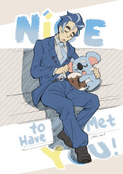  1boy belt blue_jacket blue_pants closed_eyes collared_shirt commentary_request highres holding holding_pokemon jacket komala larry_(pokemon) male_focus multicolored_hair necktie open_mouth pants pokemon pokemon_(creature) pokemon_sv pxl_(pxltw) shirt shoes short_hair sitting sleeping streaked_hair 