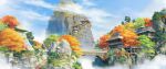  architecture autumn blue_sky bridge building clouds cloudy_sky day east_asian_architecture highres mountain no_humans original outdoors scenery sky stairs stone_lantern stone_stairs tenca_arts tree 