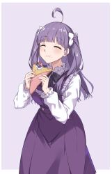  1girl :t absurdres ahoge blueberry border bow chofu_noriko closed_eyes cream crepe dress eating food food_on_face food_wrapper frilled_dress frilled_sleeves frills fruit half_updo highres holding holding_crepe holding_food love_live! purple_background purple_bow purple_dress purple_hair shirt solo strawberry sundajin_asagi white_border white_bow white_shirt 