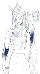  1boy 1girl absurdres animal_ears apron baishuo_(shining_nikki) chibi chinese_clothes circlet closed_mouth cowboy_shot crescent cropped_torso eyelashes faint_moon_dew_(shining_nikki) forehead forehead_jewel frilled_apron frills half_updo hand_on_own_chest hanfu happy highres kohanai_setsuna light_blush lineart long_hair long_sidelocks long_sleeves looking_at_another nikki_(series) rabbit_boy rabbit_ears rabbit_girl shining_nikki sidelocks simple_background single_hand smile solo_focus surprised very_long_hair white_background wide_sleeves 