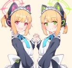  2girls animal_ear_headphones animal_ears apron black_dress blonde_hair blue_archive blue_necktie dress fake_animal_ears green_eyes green_halo grin halo headphones long_sleeves looking_at_viewer maid maid_apron maid_headdress midori_(blue_archive) midori_(maid)_(blue_archive) momoi_(blue_archive) momoi_(maid)_(blue_archive) multiple_girls necktie official_alternate_costume open_mouth pink_halo rateratte red_eyes short_hair siblings sisters smile twins upper_body white_apron 