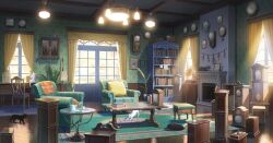  analog_clock armchair bag black_cat book book_stack bookshelf calico_(pattern) calico_cat cat cat_loaf chair clock coat_rack coffee_table cup curtains cushion desk desk_lamp drawer fireplace flower fumeshi grandfather_clock hanging_flower hanging_light highres indoors lamp muntins no_humans note original pendulum_clock phonograph photo_(object) picture_frame plant potted_plant reeds rug saucer scenery stool sunlight table teacup teapot too_many_clocks vase wall_clock wallpaper_(object) white_cat window wooden_floor 