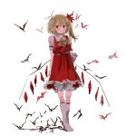  1girl ? ascot bat_(animal) blonde_hair bloomers blush closed_eyes collared_shirt flandre_scarlet frilled_skirt frills full_body hair_between_eyes kneehighs no_headwear no_shoes one_side_up pointy_ears pout red_eyes red_skirt red_vest shirt simple_background sketch skirt socks sparkle71059204 standing touhou vest white_background white_bloomers white_shirt white_socks wings yellow_ascot 