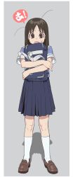  1girl azumanga_daioh azumanga_daioh's_school_uniform bag brown_eyes brown_hair commentary_request cyjalway full_body highres holding holding_bag kasuga_ayumu loafers long_hair open_mouth pleated_skirt school_bag school_uniform shadow shoes short_sleeves skirt socks solo speech_bubble stray_hair sweat translation_request 