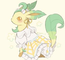  blush brown_eyes clothed_pokemon commentary_request dress frilled_dress frills leafeon leafeon_(checkered) looking_at_viewer no_humans pokemon pokemon_(creature) pokemon_unite sitting solo twitter_username white_background yuuri_(yr0471_0) 